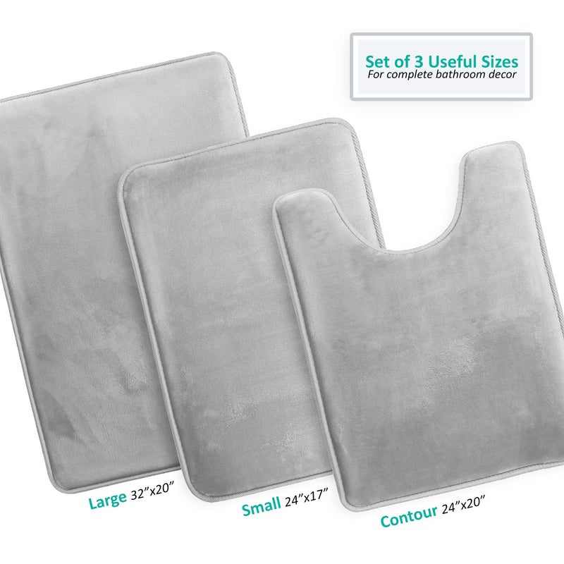 Clara Clark 3 Piece Bathroom Rugs Bath Mat Set, Velvet Memory Foam Bath Mats for Bathroom - Non-Slip, PVC Backing Bath Rugs, Washable - Dries Quickly, Silver - Image 3